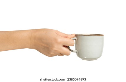 Empty Cup in Hands Isolated, Hand Holds Cup, Coffee Mug, Teacup, Hot Beverage Mockup, Grey Cup in Arms on White Background with Copy Space for Text Side View