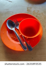 An empty cup and plate on the table