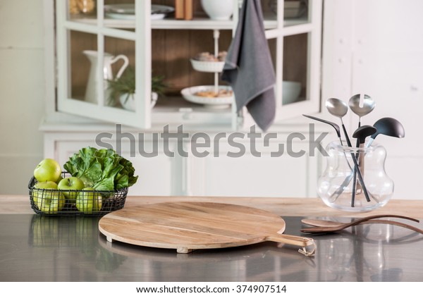 Empty Cutting Board Behind Kitchen Cupboard Stock Photo Edit Now