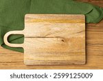 Empty Cutting Board Texture Background, Wooden Chopping Board Mockup with Copy Space for Text, Rustical Kitchen Mock up with Tablecloth, Cloth Napkin Fabric Background Flat Lay, Top View