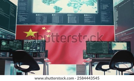 Empty cyber security room presenting a Chinese flag on big screen, showcasing propaganda and cybercrime. Focus on communism and autocracy, hybrid war tactics and fake news spread. Camera B.