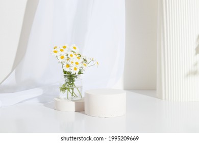 Empty Cylindrical Podium Or Plinth With Chamomile Flowers And Seashell On A White Background. Empty Shelf Product Standing Background