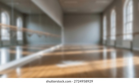 An empty dance studio featuring a barre, large mirrors, natural light and a wooden floor.