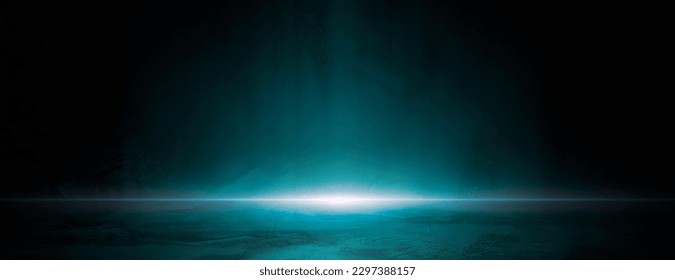 Empty dark blue abstract cement wall and studio room with smoke floating up the interior texture for display products wall background, empty dark scene, neon light, spotlights, and laser light