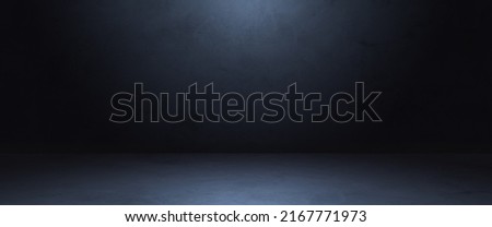 Empty Dark Blue Studio Background and Floor Concrete perspective with blue soft light well editing Display product and text present on Wall free space Black Cement Backdrop 