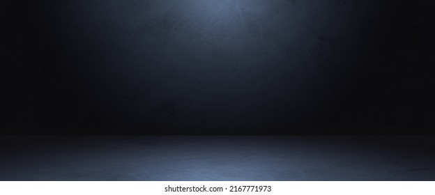 Empty Dark Concrete Wall Room Studio Background And Floor Perspective With Blue Soft Light Well Editing Displays Product And Text Present On Free Space Cement Backdrop 