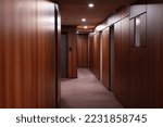 Empty dark interior of the modern Hotel corridor, with wood-paneled walls, elegant carpets and lighting on the ceiling
