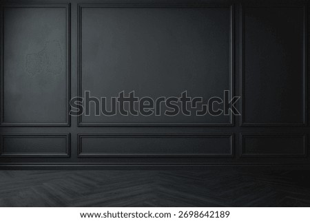 Empty Dark Room Interior with Black Wall and Wooden Floor