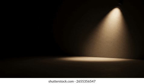 Empty Dark Room Interior with Single Spotlight on Textured Wall, Minimalist Scene for Product Display or Presentation