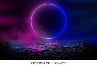 Empty dark street, reflection of neon light in the puddles of the night city. Neon circle in the center, magical glow, light, rays, smoke.