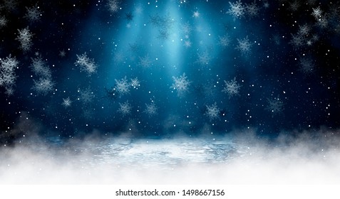 Empty dark, winter scene with snowflakes, winter dark background. Abstract snow, blizzard. Abstract light, rays, snow. Winter night.