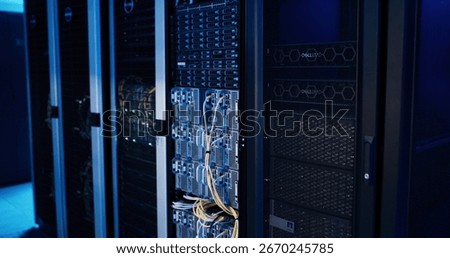 Empty data center, cables and storage in server room for IT, infrastructure and software security. Interior, power supply and wires for electrical maintenance, hardware systems and database machine