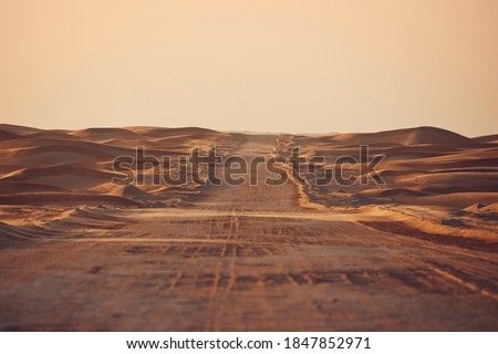 Empty desert road in the middle sand dunes. Abu Dhabi, United Arab Emirates