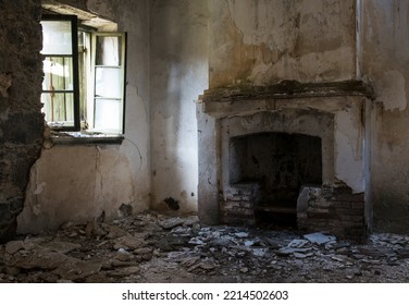 Empty Deserted House Room With Fireplace. Abandoned Collapsing Place