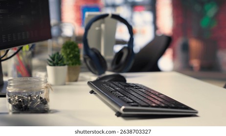 Empty desktop with futuristic software tools shows live AI brain processing on screen. Technology supports deep neural networks, pattern recognition and real time data science applications.