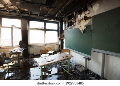 Empty And Destroyed Class Room After Fire In A School Building