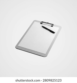 Empty digital tablet device with attached stylus pen on plain white background