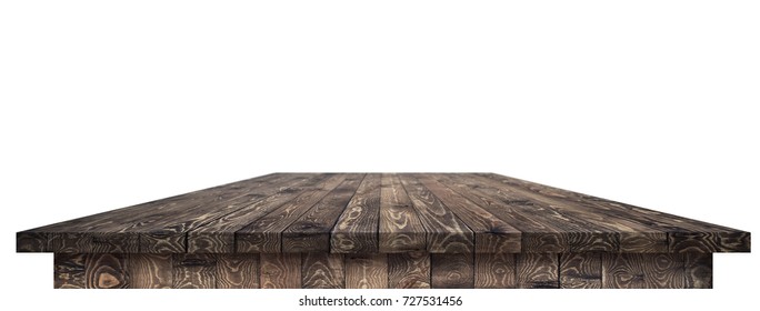 Empty Dining Table Vintage Style With Clipping Path In Perspective View For Product Placement Or Montage With Focus To Table. Wooden Board Surface.