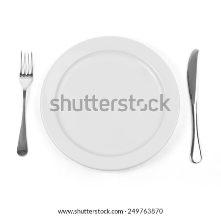 Empty dinner plate with knife and fork on white