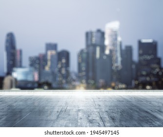 Empty Dirty Concrete Rooftop On Blurry Background Of A Beautiful Los Angeles Skyline At Night, Mock Up