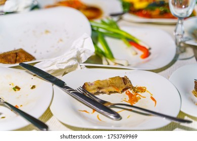 Empty Dish After Family Dinner In Restaurant. Party, Celebration Or Healthy Food Concept.