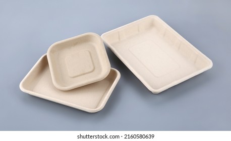 Empty Disposable Paper Fast Food Tray On Gray Background