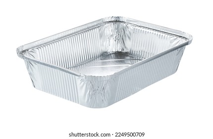 Empty disposable square aluminium foil baking dish isolated on white background. Foil food box with takeaway meal isolated - Shutterstock ID 2249500709
