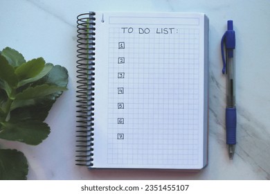 Empty to do list in notebook with a pen and a plant seen from above