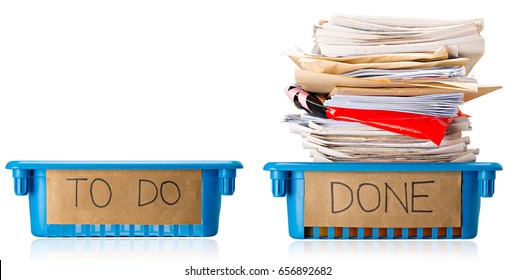 An empty To Do Tray and a full Done tray, Up to Date, Current, On top of things, Productive, Isolated on white background
 - Shutterstock ID 656892682