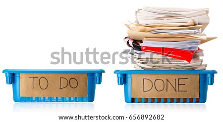An empty To Do Tray and a full Done tray, Up to Date, Current, On top of things, Productive, Isolated on white background
