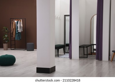 Empty Dressing Rooms In Fashion Store. Stylish Interior