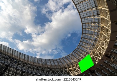 Empty electronic scoreboard display at stadium roof. Chroma key display at stadium