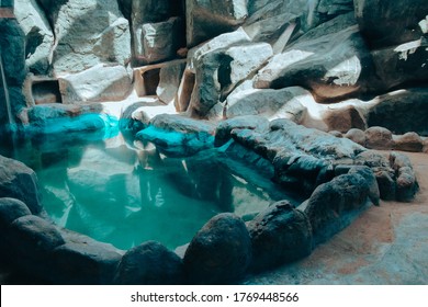 Empty Enclosure For Penguins With A Reservoir And Rocky Terrain In The City Zoo. Moscow, Russia, July 2020.