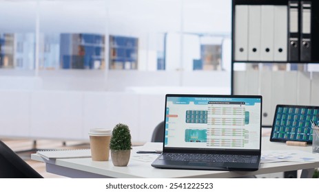 Empty financial department office filled with technology used for budgeting, forecasting, and financial analysis purposes. Bright modern company workspace with nobody in and devices left open - Powered by Shutterstock