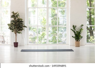 Empty fitness center interior with big windows and unrolled yoga mat on wooden floor, modern loft studio, comfortable space for work out and sport training, exercise, plants in pots - Powered by Shutterstock