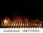 Empty Flaming BBQ Charcoal Grill, Closeup. Hot Barbeque Grill Ready Cooking Food On Cast Iron Grate. Concept For Cookout, Barbecue Party At Garden Or Backyard. Grill With Bright Flames Black Isolated.