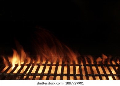 Empty Flaming BBQ Charcoal Grill, Closeup. Hot Barbeque Grill Ready Cooking Food On Cast Iron Grate. Concept For Cookout, Barbecue Party At Garden Or Backyard. Grill With Bright Flames Black Isolated.