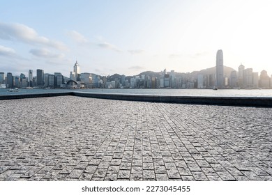 empty floor with city skyline 