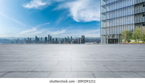 Empty Floor With Modern City Skyline And Buildings