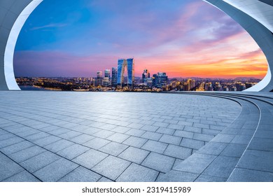 Empty floor and modern city skyline with building at sunset in Suzhou, China. high angle view. - Shutterstock ID 2319415989