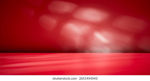 Empty floor on dark red wall. Background with abstract, window light and shadows. Mockup for presentation, branding products, cosmetics, food, technology or jewelry. Premium background