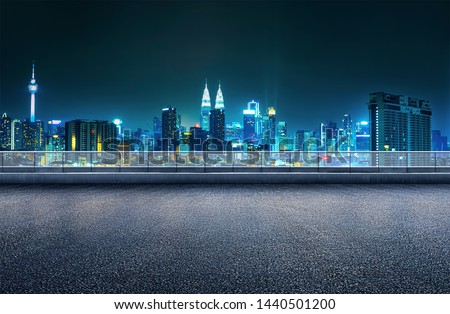 Empty floor platform with night view city skyline background