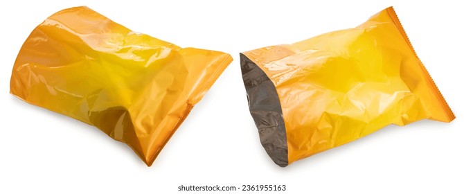 Empty Foil and plastic snack bags mockup isolated on white background, Yellowl pillow packages for food production, snack wrappers on White Background With clipping path.