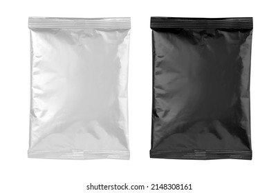 Empty foil for snacks for food Packaging for coffee, salt, sugar, pepper, spices, sachets, sweets, chips, cookies. Isolated Layout Template,