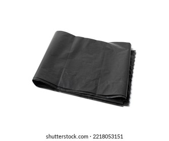 Empty Folded Garbage Bag Isolated. Trash Package Top View, New Plastic Bin Bags, Black Polyethylene Waste Container On White Background