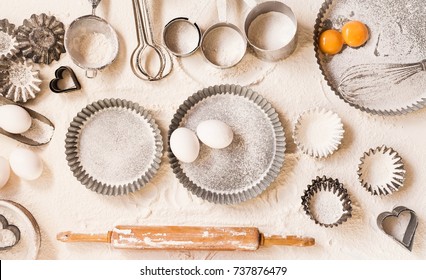 Empty Food Baking Table Tins With Pastry Brush Heart Cookie Cutter Tools Baking Utensils Flourish Table Composition Overhead Empty 