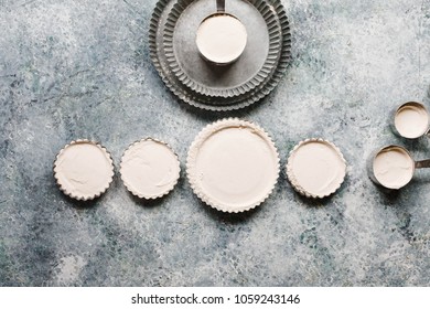 Empty Food Flourish Pie Tin Bakery Table With Tins Pastry Tools Baking Flourish Table Composition Copy Space Overhead

