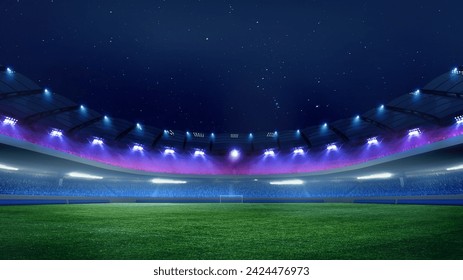 Empty football stadium at dusk with illuminated blue and purple spotlights with crowdy stands under star-studded sky. Concept of sport, championship tournaments 2024, league, match, win. Ad - Powered by Shutterstock