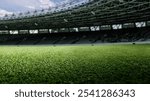 Empty football stadium with green field and blue sky. The field is ready for a game. Concept of Professional sport, Competition, Championship and match. Soccer stadium field background