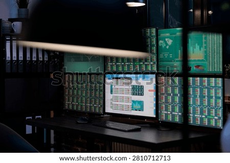 Empty forex workstation displays index charts, trend graphs and financial data on multiple monitors inside an investment company office, with chart analysis and trading workspace context.